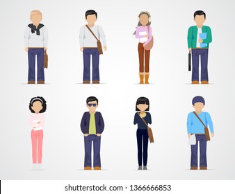 College Students. Diverse College Students - Isolated On Gray Background - Vector Illustration. University People Icon Set. Flat Design Of Young Man And Woman. People With Characters And Professions