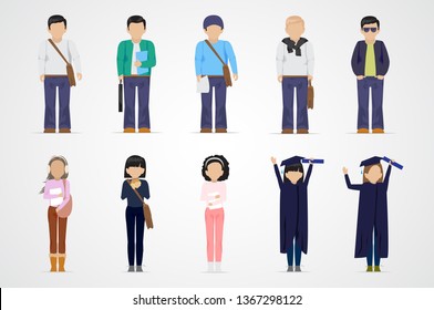 College Students. Diverse College Students - Isolated On Gray Background - Vector Illustration. University People Icon Set. Flat Design Of Young Man And Woman. People With Characters And Professions