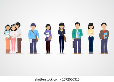 College Students. Diverse College Students - Isolated On Gray Background - Vector. University People Icon Set. Flat Design Of Young Man And Woman Talking. People With Characters And Professions