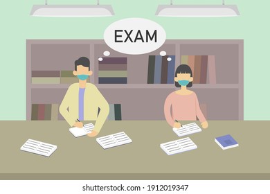 College students in face mask thinking about exam while studying and reading books on desk in the library