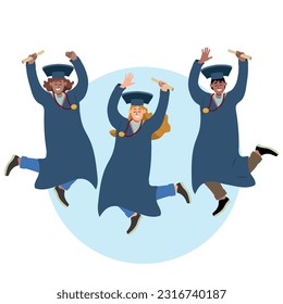 College students jumping with happiness celebrating graduation. Vector illustration.