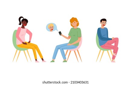 College students performing various activities set. Teenagers characters in casual outfit sitting in chairs cartoon vector illustration