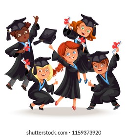 College students poster with happy graduates of different nationalities celebrate high school graduation