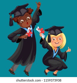 College students poster with happy graduates of different nationalities celebrate high school graduation.