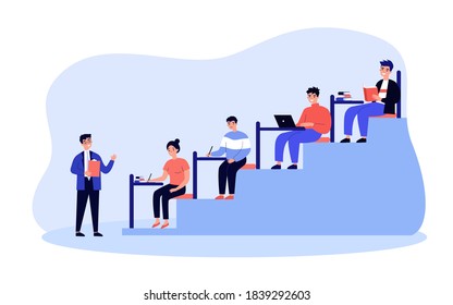 College students sitting in class room and writing or typing flat vector illustration. Cartoon teacher reading lecture for pupils. Side view. University education and high school lesson concept