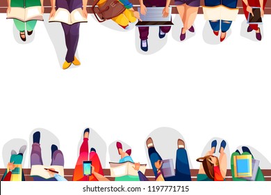 College students sitting on bench vector illustration of university girls and boys with bags, laptops or smartphones and books. Legs top view on white background for back to school design