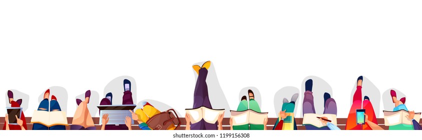 College Students Sitting On Bench Vector Illustration. Top View Of School Or University Campus Girls And Boys Holding Bags, Laptops Or Smartphones And Reading Books On White Background