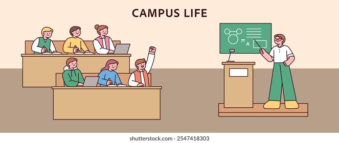 Estudantes universitários estão fazendo aula em sala de aula. O professor está ensinando os alunos. descreva a ilustração vetorial simples.