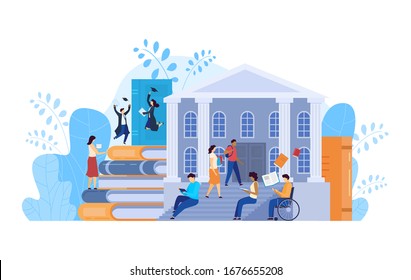 College students, university education concept, vector illustration. Young men and women reading books, disabled guy in wheelchair, cartoon character. Diverse people in university, college student