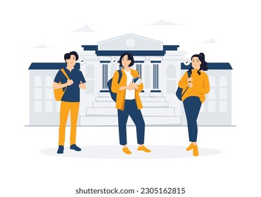 College students, university, school, education, Group of happy young students standing together with books and bags concept illustration