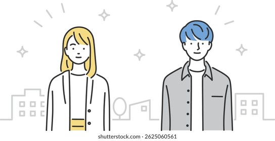 college students, upper body, front view, vector image