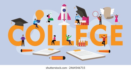 College students in various activities 2d flat vector illustration