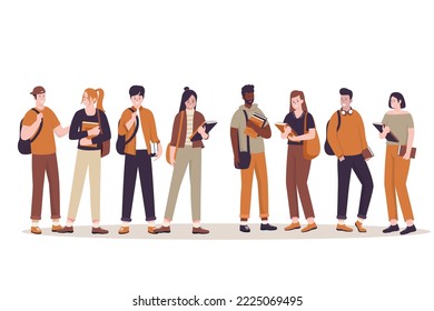 Conjunto de vectores de estudiantes universitarios. Ilustraciones para sitios web, páginas de inicio, aplicaciones móviles, afiches y banners. Ilustración vectorial plana de moda