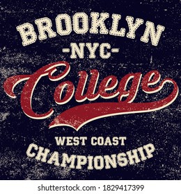 College Style Graphic Illustration - NYC Brooklyn Athletics - Grunge Textured Vintage Graphic Tee Vector