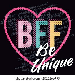 college style print with colored text and pink heart and black background