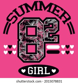 college style print text summer and numbers whit textures of leaf pink background
