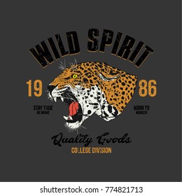 College style tee print with hand drawn roaring leopard illustration, wild spirit.