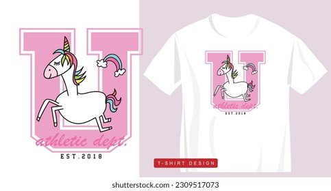 College style vintage typography and cute unicorn drawing. Vector illustration design for fashion graphics, t shirt prints.