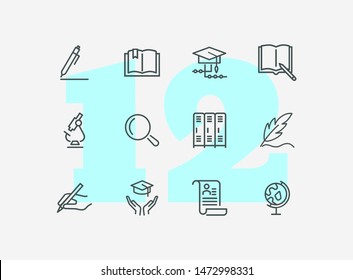 College supplies line icon set. Pen, graduation cap, cabin. Education concept. Can be used for topics like university, school, training