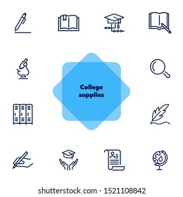 College supplies line icon set. Pen, graduation cap, cabin. Education concept. Can be used for topics like university, school, training