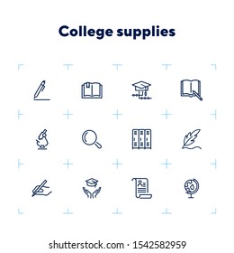 College supplies line icon set. Pen, graduation cap, cabin. Education concept. Can be used for topics like university, school, training