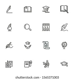 College supplies line icon set. Pen, graduation cap, cabin. Education concept. Can be used for topics like university, school, training