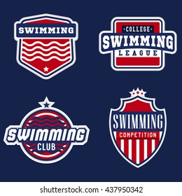 College swimming sport logos for competitions, tournaments, clubs, leagues. Vector illustration.