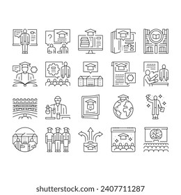 college teacher student class icons set vector. education people, university girl, lesson studying, classroom happy, computer college teacher student class black contour illustrations