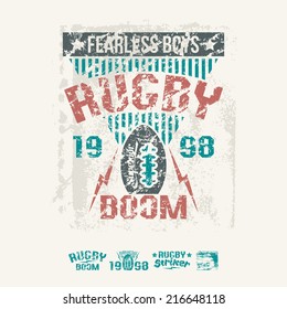 College team rugby retro emblem and design elements graphic design for t-shirt. Color drawing on a white background