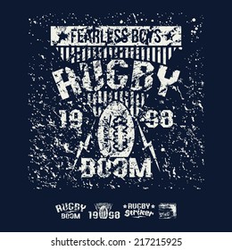 College team rugby retro emblem and design elements. Graphic design for t-shirt. White print on a dark background