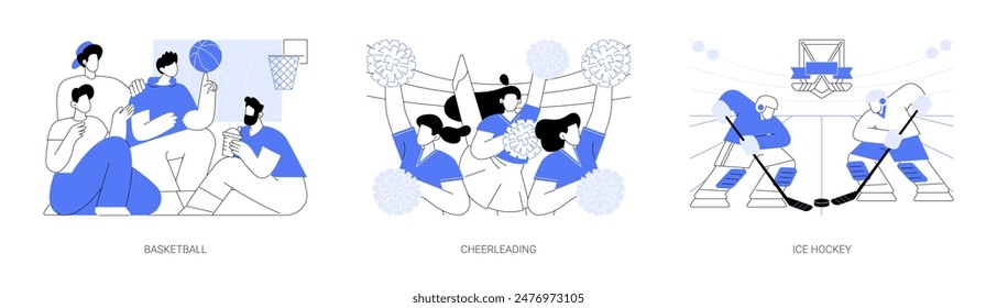 College team sports isolated cartoon vector illustrations set. Group of student basketball players have a break, cheerleading performance, team spirit, ice hockey tournament vector cartoon.