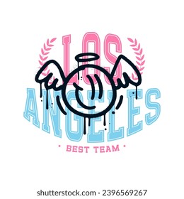 College tee print with angel graffiti style graphic. Los Angeles varsity vector concept.