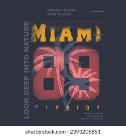 College Text Print for vintage typography , Miami 89 Florida Slogan retro varsity print t shirt, tone in tone text graphic, tropical summer beach print, Destroy dusty effects number print for 89