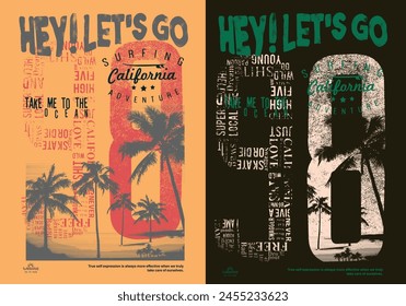 College text slogan print for summer beach vintage retro vibes, surfing California adventure lettering inside the palm tree, grunge texture text, fashion and nature mixed together , use this artwork 