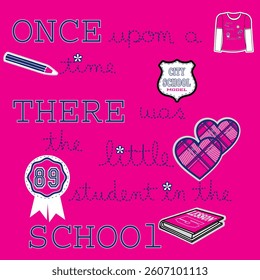 College theme with student elements with, pencil, notebook, book and badge and text with hearts.