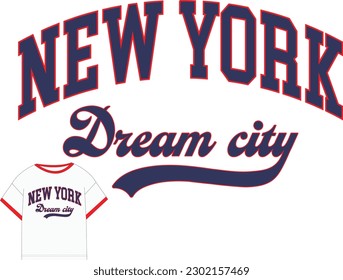 Ilustración gráfica vectorial de nombre de ciudad con temática universitaria. Gráficos de camisetas del eslogan del New York Varsity