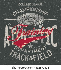 College track and field athletic training, grunge vector print for sport wear