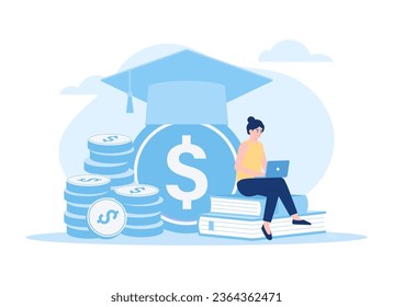 College tuition graduation, scholarship education. Coins, academic cap diploma
 trending concept flat illustration
