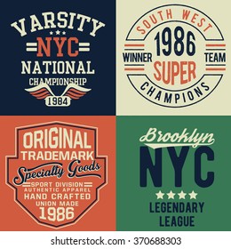 College typography set, vector illustrations, t-shirt graphic
