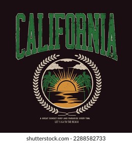 college, univarsity vibes is california sunset beach, Retro college varsity typography california slogan print, vector illustration, for t-shirt graphic.