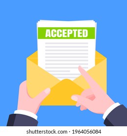 College or university acceptance letter with envelope and paper sheets document email. Job employment offer, college acceptance success or business email form flat style design vector illustration.