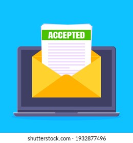 College or university acceptance letter with laptop screen, open envelope document email. Job employment offer, college acceptance success or business email form flat style design vector illustration.