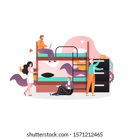 College or university dormitory, hostel room with bunk bed and characters, vector illustration. Cheap accomodation to people travelling on low budget. Hostel business concept for website page etc.