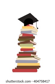 College or university education concept. Graduation cap on top of stack of books. Flat vector.