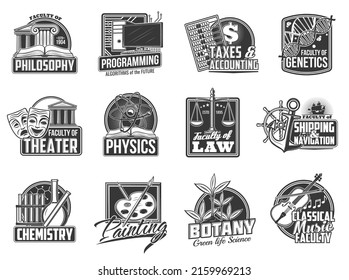 College or university education faculties icons. Theater, classical music and painting art, physics, chemistry and botany science, accounting, programing and shipping, philosophy faculty vector emblem