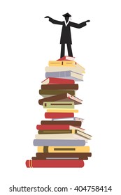 College or university education and graduation concept. Black silhouette of graduating student in a graduation cap and academic dress on top of stack of books. Flat vector.