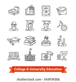 College & University education thin line art icons set. Linear style symbols isolated on white.