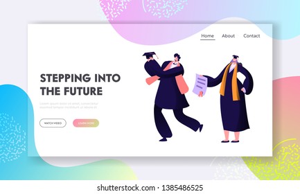 College or University Graduating Student Character Happily Celebrate Finish of Education. Teacher Giving Diploma to Scholar. Website Landing Page, Web Page. Cartoon Flat Vector Illustration, Banner