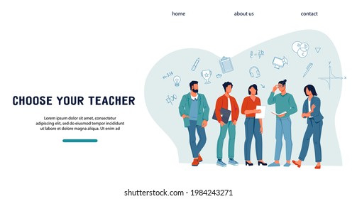 College, university graduation or online education web banner concept with young scholars or teachers, flat vector illustration. University or other educational institution webpage interface mockup.