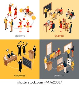 College and university isometric design concept 2x2 icons set with students in classrooms graduates and lecturers isolated vector illustration